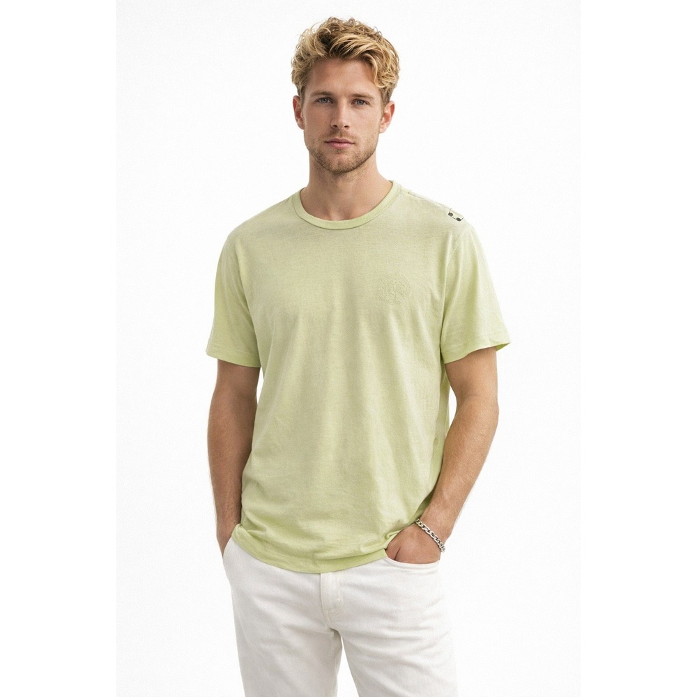 Parasuco Mens L 100% Cotton Pastel Yellow‎ Green Textured Short Sleeve Tee